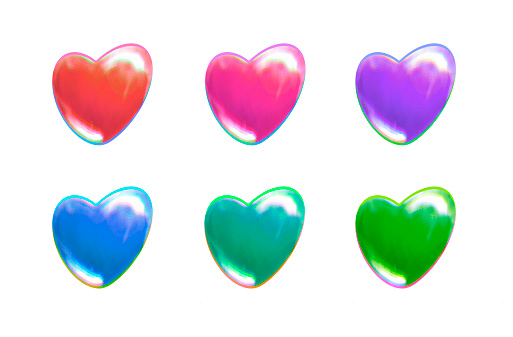 love glossy heart with chromatic aberration effect full color template set conceptual design modern style red, pink, purple, blue,emerald, green