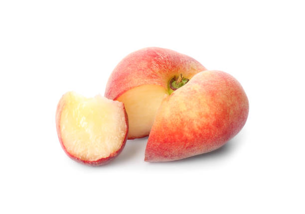 istock Cut fresh donut peach on white background 1361286788
