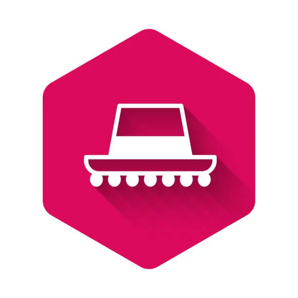 Vector illustration of White Traditional spanish hat icon isolated with long shadow. Pink hexagon button. Vector
