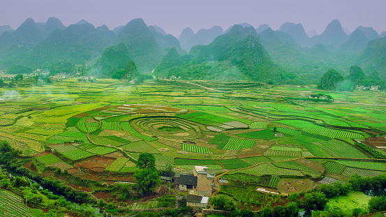 The landscape of agriculture village, Bagua rice field, mountains at Wanfenglin viewpoint.