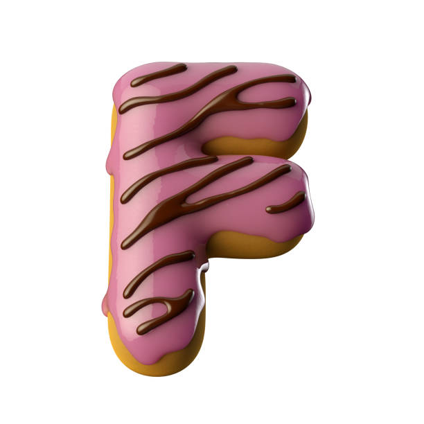 istock Glazed pink donut with chocolate letter f. 3D illustration. 1361288959