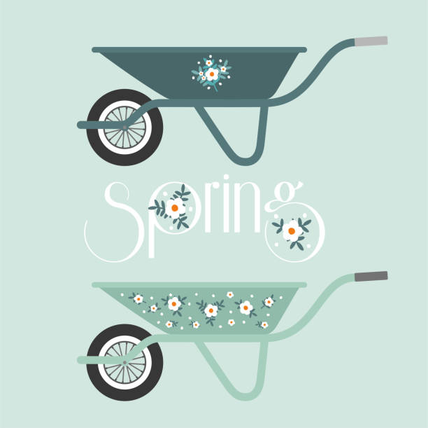 wheelbarrow springtime in pastel colors wheelbarrow with springtime decoration in pastel colors first day of spring stock illustrations