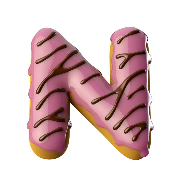 istock Glazed pink donut with chocolate letter n. 3D illustration. 1361289060