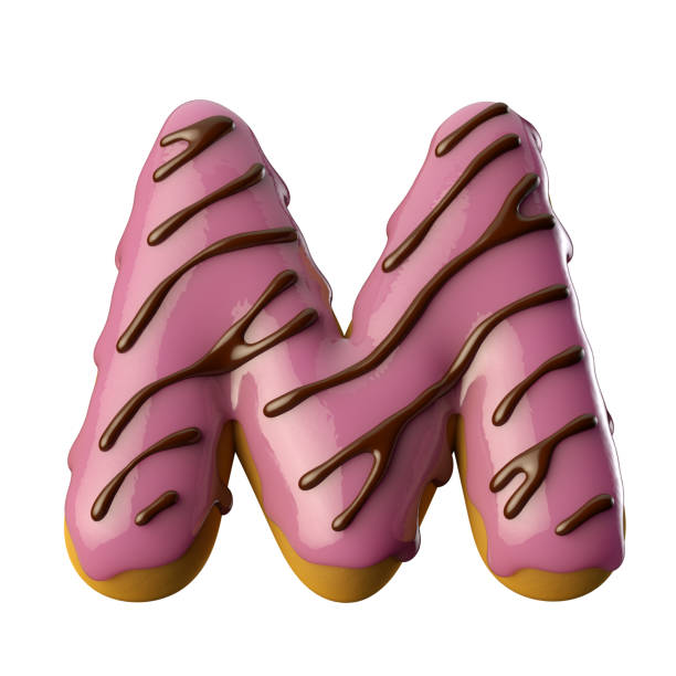 istock Glazed pink donut with chocolate letter m. 3D illustration. 1361289061