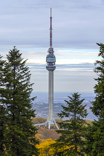 Belgrade, Serbia - October 23, 2021: Concrete TV Tower Landmark at Mountain Avala Autumn Day.