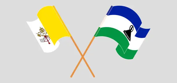 Vector illustration of Crossed and waving flags of Vatican and Kingdom of Lesotho