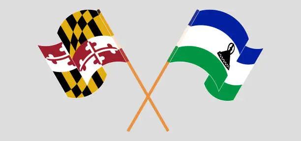 Vector illustration of Crossed and waving flags of the State of Maryland and Kingdom of Lesotho