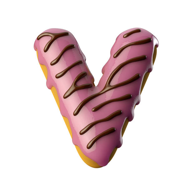 istock Glazed pink donut with chocolate letter v. 3D illustration. 1361290063