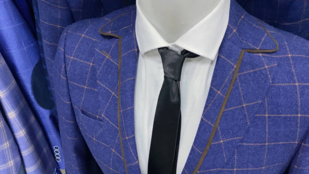 blue male suit and tie, clothes on manikin in shop, modern collection - fashion men fashion model male imagens e fotografias de stock