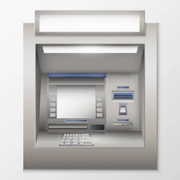 Vector illustration of ATM machine template. Metal device for dispensing cash and financial payments