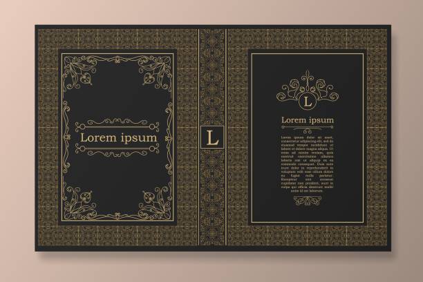 Vintage medieval book cover. Opened folio with decorative tracery Vintage medieval book cover. Opened folio with decorative tracery and ornaments antique design embellished with golden abstract floral vector twists. gothic fashion stock illustrations