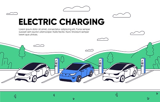 Landing page template for charging station. Electric cars at EV charger, web-site background. Eco electro vehicles recharging at EVSE, website layout. Colored flat graphic vector illustration
