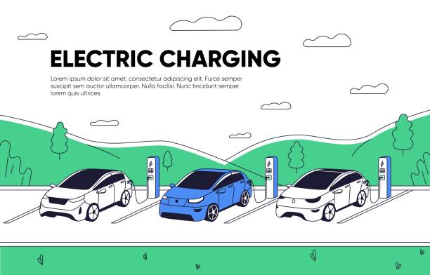 Landing page template for charging station. Electric cars at EV charger, web-site background. Eco electro vehicles recharging at EVSE, website layout. Colored flat graphic vector illustration Landing page template for charging station. Electric cars at EV charger, web-site background. Eco electro vehicles recharging at EVSE, website layout. Colored flat graphic vector illustration. ev charging stock illustrations