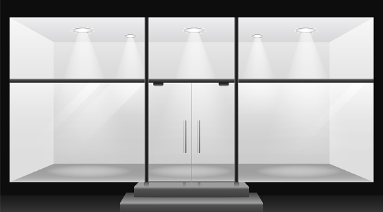 Empty lighted room template. Blank store showcase with glass panels and steps white led lamps burning inside realistic interior for vector presentation.