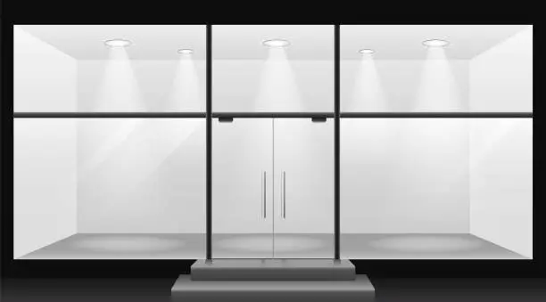 Vector illustration of Empty lighted room template. Blank store showcase with glass panels and steps