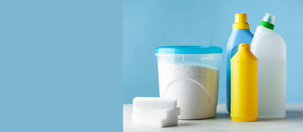 istock Mockup of household detergents on a light blue background. Copy space. 1361294704