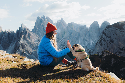 Happy female in red hat and blue jacket with her cute pet - pug breed enjoying the hiking trip with view of the beautiful mountain range in the Alps, Italy