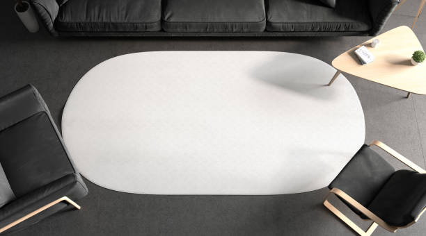 istock Blank white oval interior carpet in room mockup, top view 1361296939