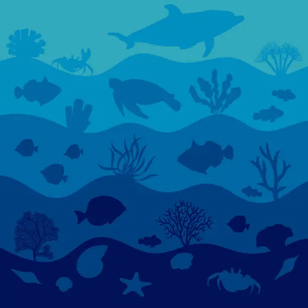 Vector illustration of Underwater illustration with animals, fish and corals. Marine background.