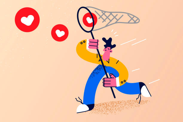 Man catch likes with net strive for followers Young man running with net strive for followers likes on social media. Millennial guy with catching flying hearts attract new users or subscribers on internet. Popularity, blog. Vector illustration. catching illustrations stock illustrations