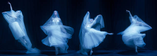 collage de ballerine tendre dans une belle robe blanche dansant isolée sur fond sombre au néon - round toe shoes photos et images de collection