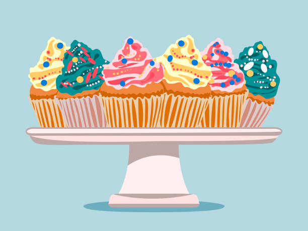 ilustraciones, imágenes clip art, dibujos animados e iconos de stock de cupcakes de dibujos animados con virutas de colores y decoración en crema en plato. pastel dibujado a mano aislado sobre fondo blanco, ilustración vectorial. iconos del desierto de la cocina objetos elementos de diseño plano - cupcake