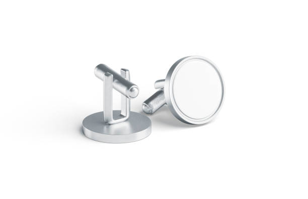 Blank round silver cufflinks toggle mockup pair, isolated Blank round silver cufflinks toggle mockup pair, isolated, 3d rendering. Empty clutch label cuff link for formalwear mock up, front and back, side view. Clear circle cuff buckle brooch template. cufflink stock pictures, royalty-free photos & images