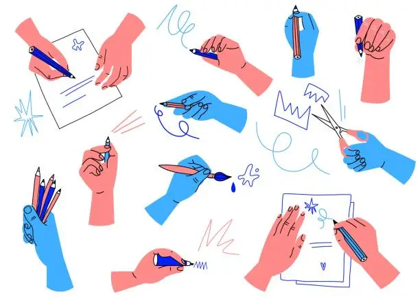 Vector illustration of Hands hold stationery. Arms hold pencils and brushes. Isolated palms with markers and scissors. Writing and drawing processes. Cutting and painting. Vector abstract human parts set