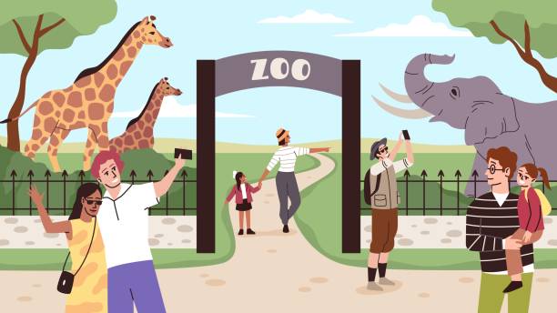 ilustrações de stock, clip art, desenhos animados e ícones de zoo entrance gates. animals park fences. visitors take selfies. parents and children excursion. outdoor family weekend pastime. couples looking at elephant and giraffes. vector concept - zoo sign entrance the