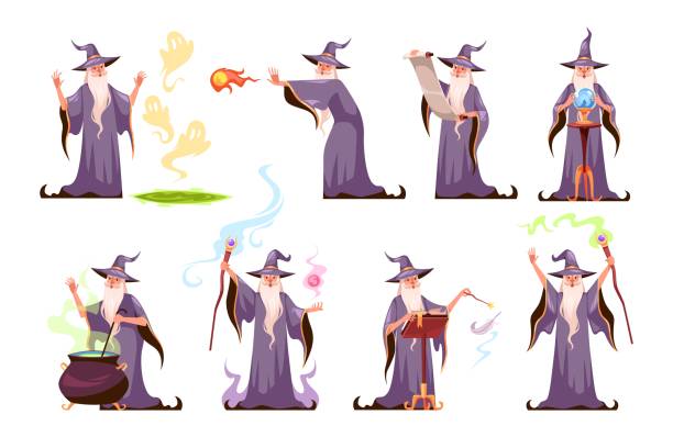 Magic character. Cartoon wizard performs various magical actions. Sorcerer in hat and robe. Fabulous old man with long white beard brews potion or casts spells. Vector magicians set Magic character. Cartoon wizard performs various magical actions. Senior sorcerer in hat and robe. Fabulous old man with long white beard brews potion or casts spells. Vector isolated magicians set merlin the wizard stock illustrations