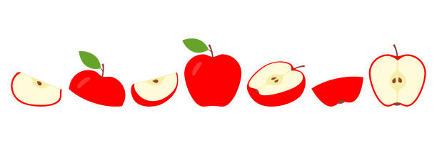 Red apples fresh slices set. Red apples fresh slices set. Sliced apple collection. Vector isolated on white. apple stock illustrations
