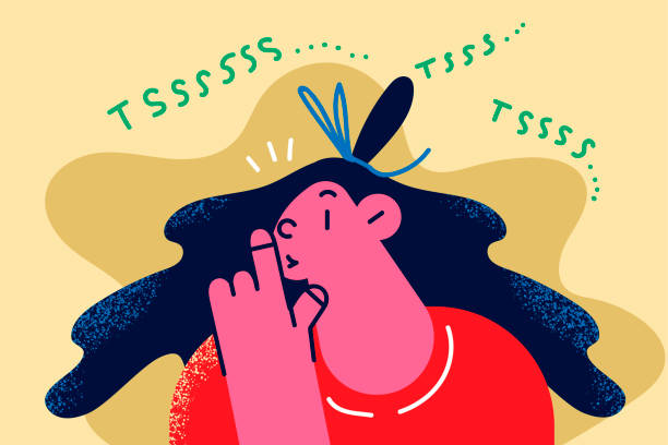 Woman keep finger on lips ask silence Young woman keep finger lips make hush gesture. Girl ask please be quiet shush or beg for silence. Female demand confidentiality and secrecy. Stop talking. Flat cartoon illustration. keep calm and stock illustrations