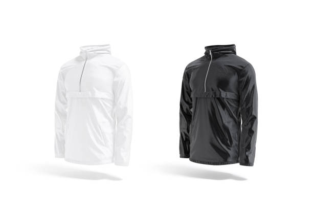 mock up della giacca a vento bianca e nera vuota, vista laterale - giacca a vento foto e immagini stock