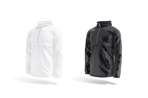 Blank black and white windbreaker mock up, side view, 3d rendering. Empty synthetic protection cloak for ski mockup, isolated. Clear nylon anorak or wind breaker with zipper template.