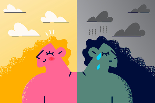 Happy and sad woman on contrary suffer from mood swings having bipolar or mental disorder. Female with various emotions struggle with psychological problem or schizophrenia. Vector illustration.