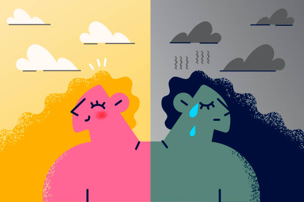 Woman with different emotions suffer from bipolar disorder Happy and sad woman on contrary suffer from mood swings having bipolar or mental disorder. Female with various emotions struggle with psychological problem or schizophrenia. Vector illustration. bipolar disorder stock illustrations