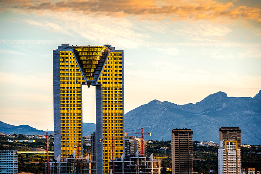 Benidorm city on the Spanish Mediterranean at sunrise, with the Intempo building highlighting