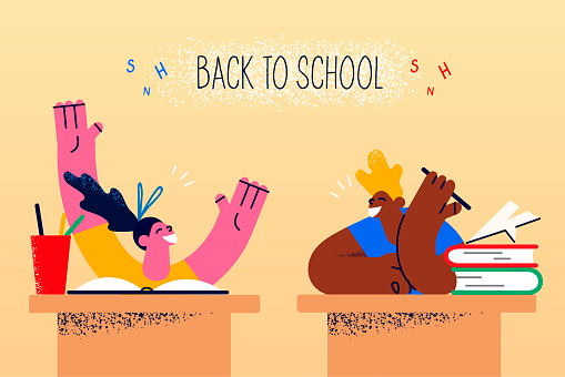 Happy little kids sit at desks feel excited get back to school. Smiling small teen children feel joyful in classroom. Offline lessons and classes. Lockdown over. Education. Vector illustration.