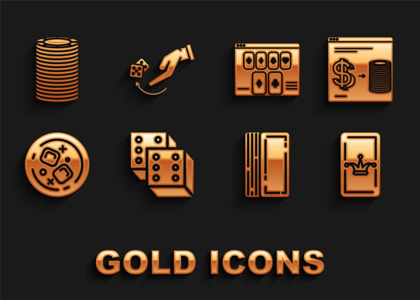 istock Set Game dice, Online casino chips exchange on stacks of dollars, Joker playing card, Deck cards, Glass whiskey and cubes, poker table game, Casino and Human hand throwing icon. Vector 1361304003