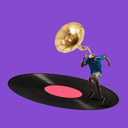Contemporary art collage of athlete with trumpet heaad running on vinyl record isolated over purple background. Concept of art, music, inspiration, party, creativity. Copy space for ad