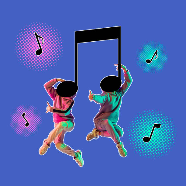istock Creative design of two people in motion, dancing isolated over purple background 1361304480