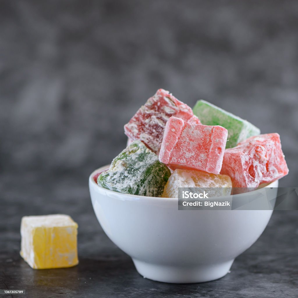 Turkish delight on a gray background. selective focus Turkish delight on a gray background. selective focus. Front view. Cookie Stock Photo