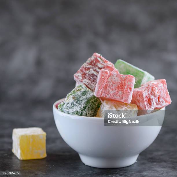 Turkish Delight On A Gray Background Selective Focus Stock Photo - Download Image Now