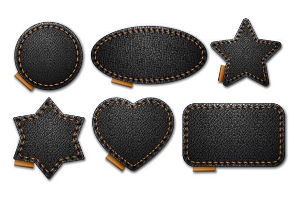 Set of Black leather label shapes with stitches. Leather patches with seam. Set of Black leather label shapes with stitches. Leather patches with seam. Patches of different shapes as rectangle, circle, star, heart, oval. Vector realistic illustration on white background. patchwork stock illustrations