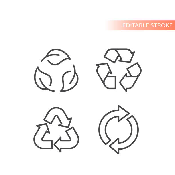 Recycled symbol with leaf line vector Recycle outline icon environmental icons stock illustrations