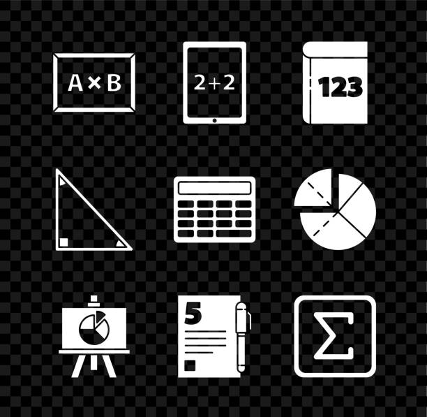 illustrations, cliparts, dessins animés et icônes de réglez le tableau noir, la tablette avec calculatrice, les mathématiques du mot du livre, le diagramme, la feuille d’examen de test et le stylo, le symbole sigma, le triangle et l’icône de la calculatrice. vecteur - book book cover healthcare and medicine medical exam