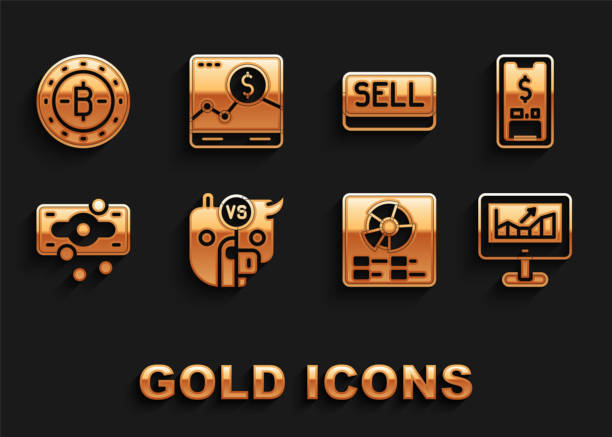 istock Set Bull and bear of stock market, Mobile with dollar, Computer growth graph, Pie chart infographic, Stacks paper money cash, Sell button, Bitcoin and Website icon. Vector 1361310579