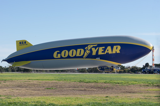 Carson, California, USA - Dexember 26, 2021: image of Goodyear blimp with registration N1A shown anchored to the ground.