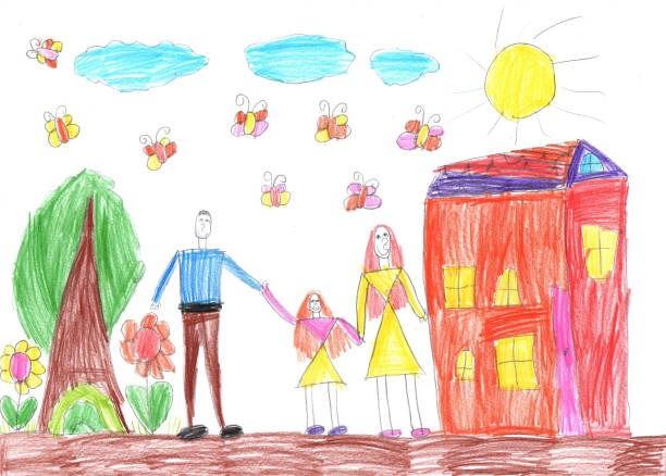 屋外散歩で幸せな家族の子供の絵。幼稚なスタイルの鉛筆アート - child art childs drawing painted image点のイラスト素材／クリップアート素材／マンガ素材／アイコン素材