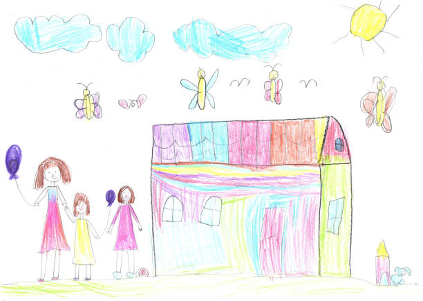 illustrazioni stock, clip art, cartoni animati e icone di tendenza di disegno del bambino di una famiglia felice durante una passeggiata all'aperto. arte della matita in stile infantile - drawing child childs drawing family